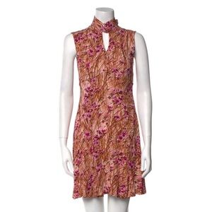 Prada 2017 sleeveless shift dress with mock neck tie. Orange, pink & brown.XS